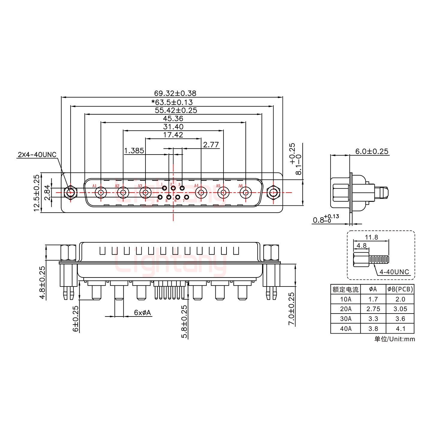 13W6A公PCB直插板/鉚魚(yú)叉7.0/大電流10A