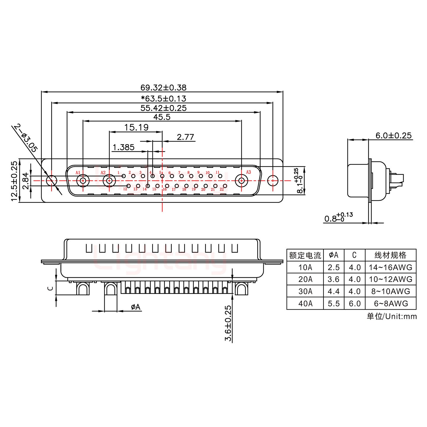25W3公短體焊線/光孔/大電流40A