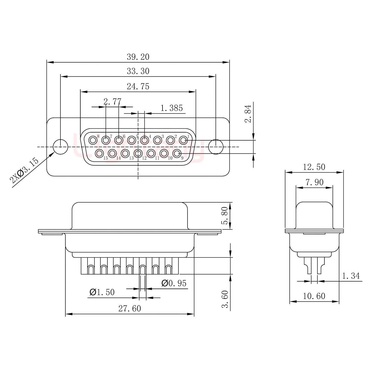 DB15母焊線(xiàn)+金屬外殼1443彎出線(xiàn)4~12mm
