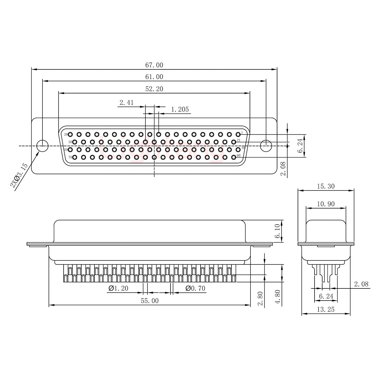 HDB78母焊線+金屬外殼2252三個出線孔12mm