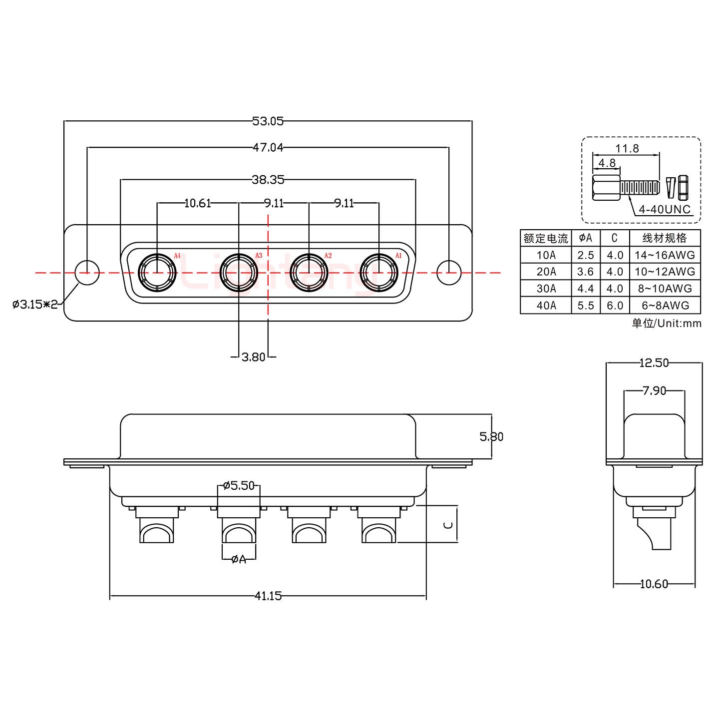 4W4母短體焊線/配螺絲螺母/大電流40A