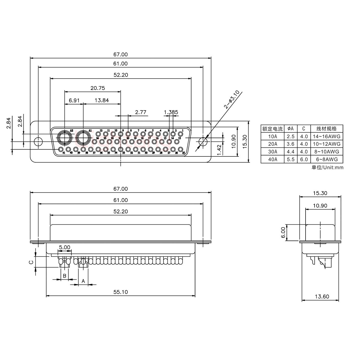43W2母短體焊線20A+50P金屬外殼2252三個(gè)出線孔12mm