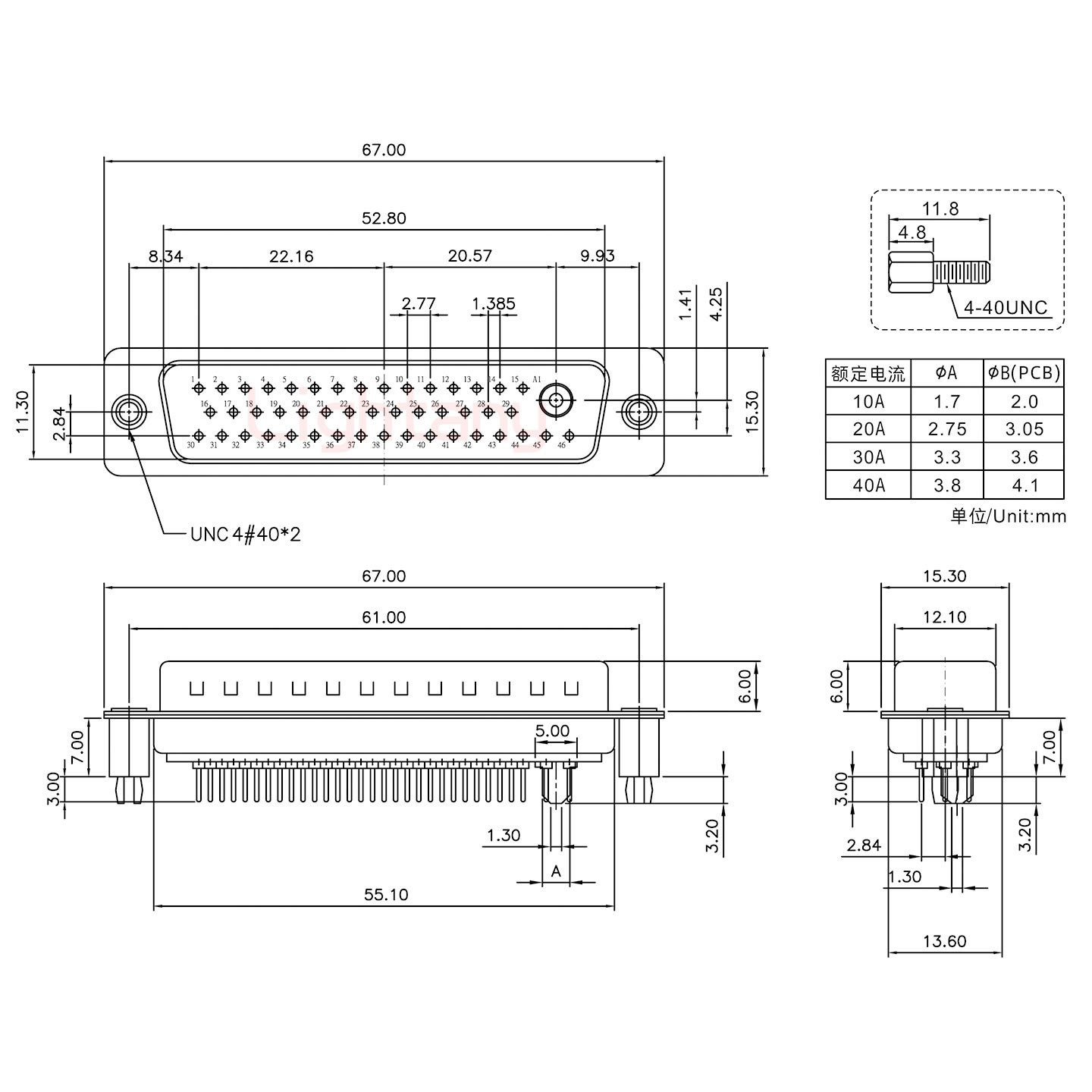 47W1公PCB直插板/鉚魚(yú)叉7.0/大電流40A