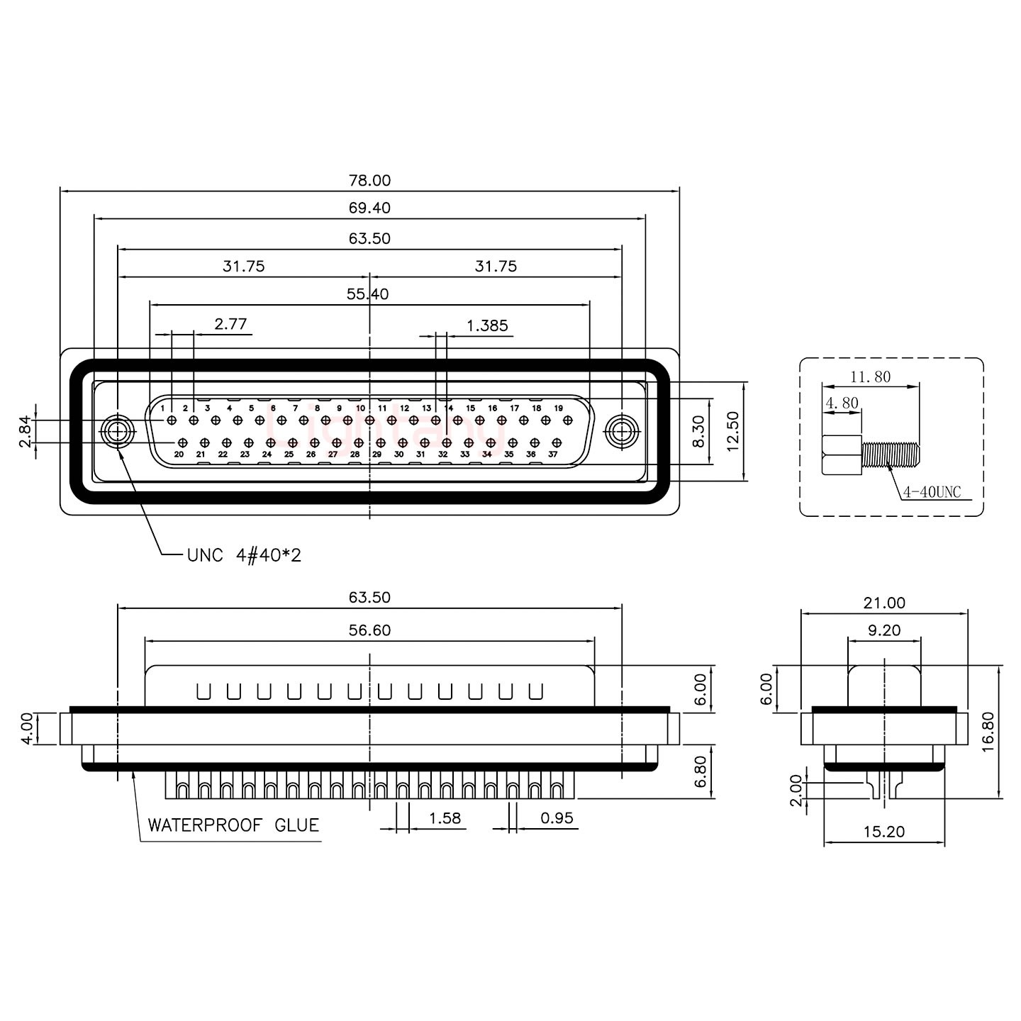 防水DB37 公 焊線(xiàn)式 鎖螺絲 車(chē)針