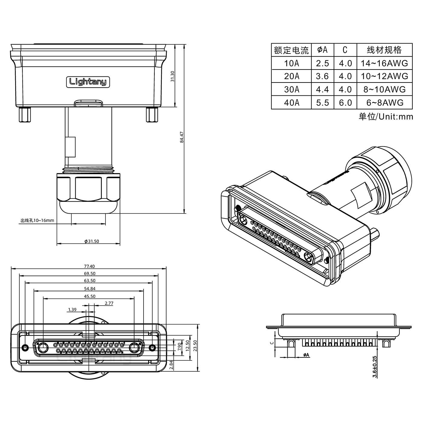 27W2母頭焊線(xiàn)+防水接頭/線(xiàn)徑10~16mm/大電流40A
