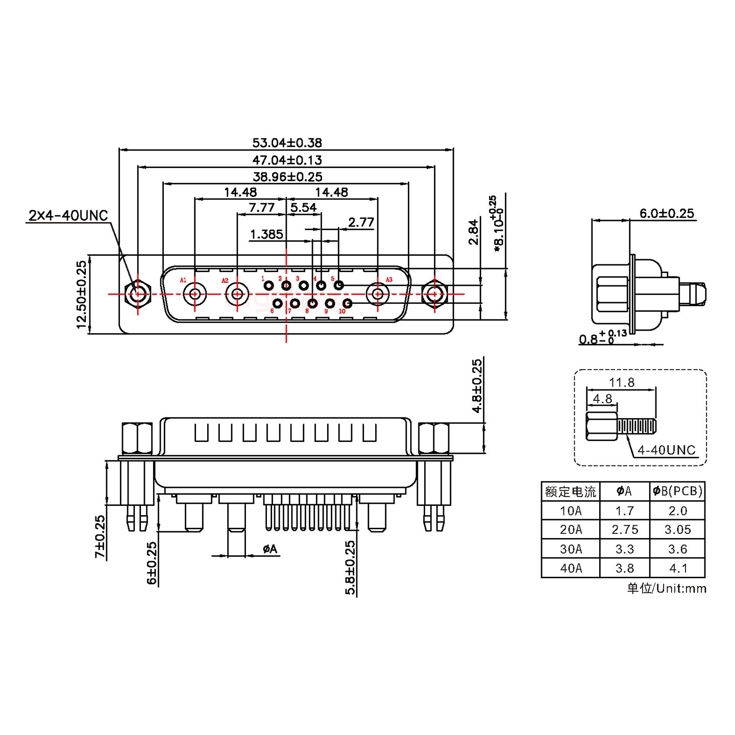 13W3公PCB直插板/鉚魚叉7.0/大電流30A