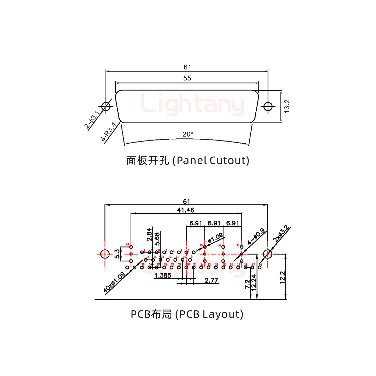 36W4母PCB彎插板/鉚支架12.2/射頻同軸75歐姆