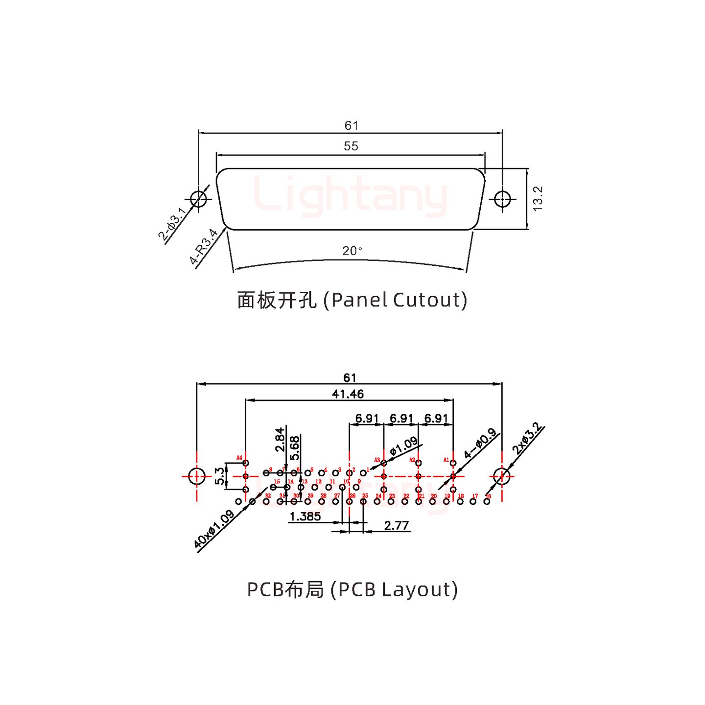 36W4母PCB直插板/鉚魚叉7.0/射頻同軸50歐姆