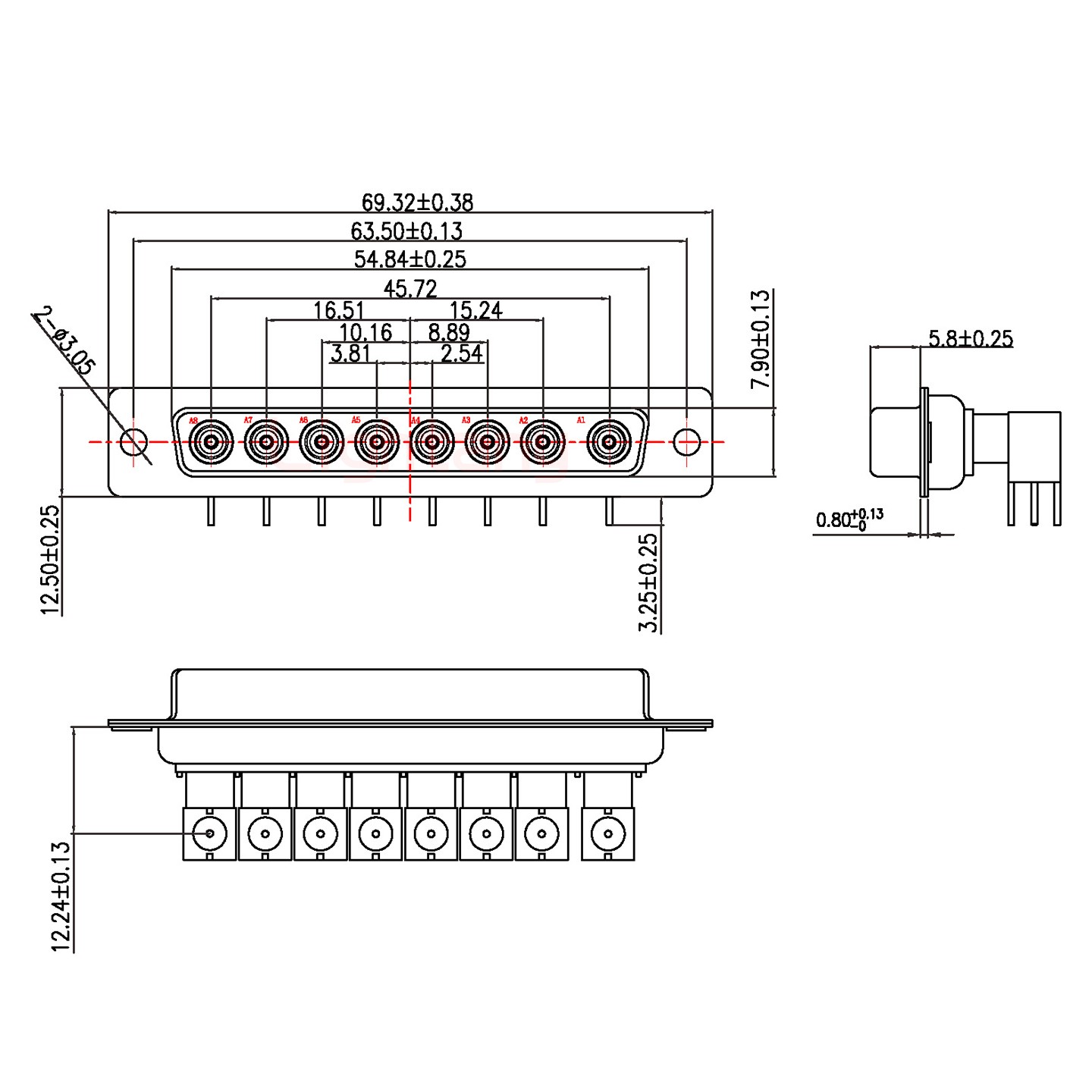 8W8母+公針PCB彎插板 射頻同軸75歐姆